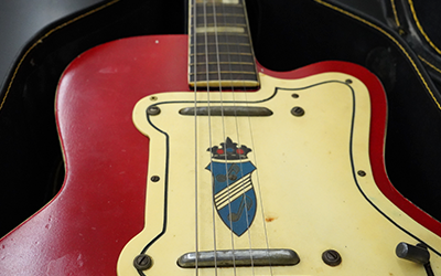 Close-up of the guitar used in production of “Seven Guitars”.