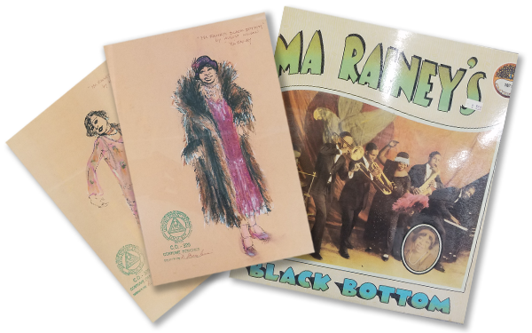 2 illustrations of costume designs and an album cover of Ma Rainey's Black Bottom